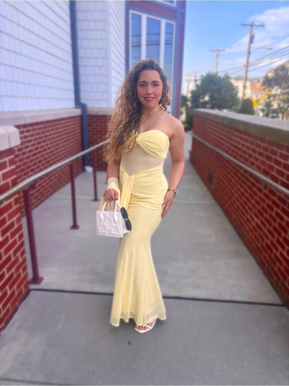 Butter Yellow Strapless Evening Dress with Draped Details